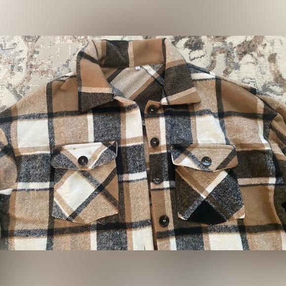 Brand New Camel Brown Flannel Shacket Coat Plaid Button Down Shirt Jacket - Picture 8 of 16